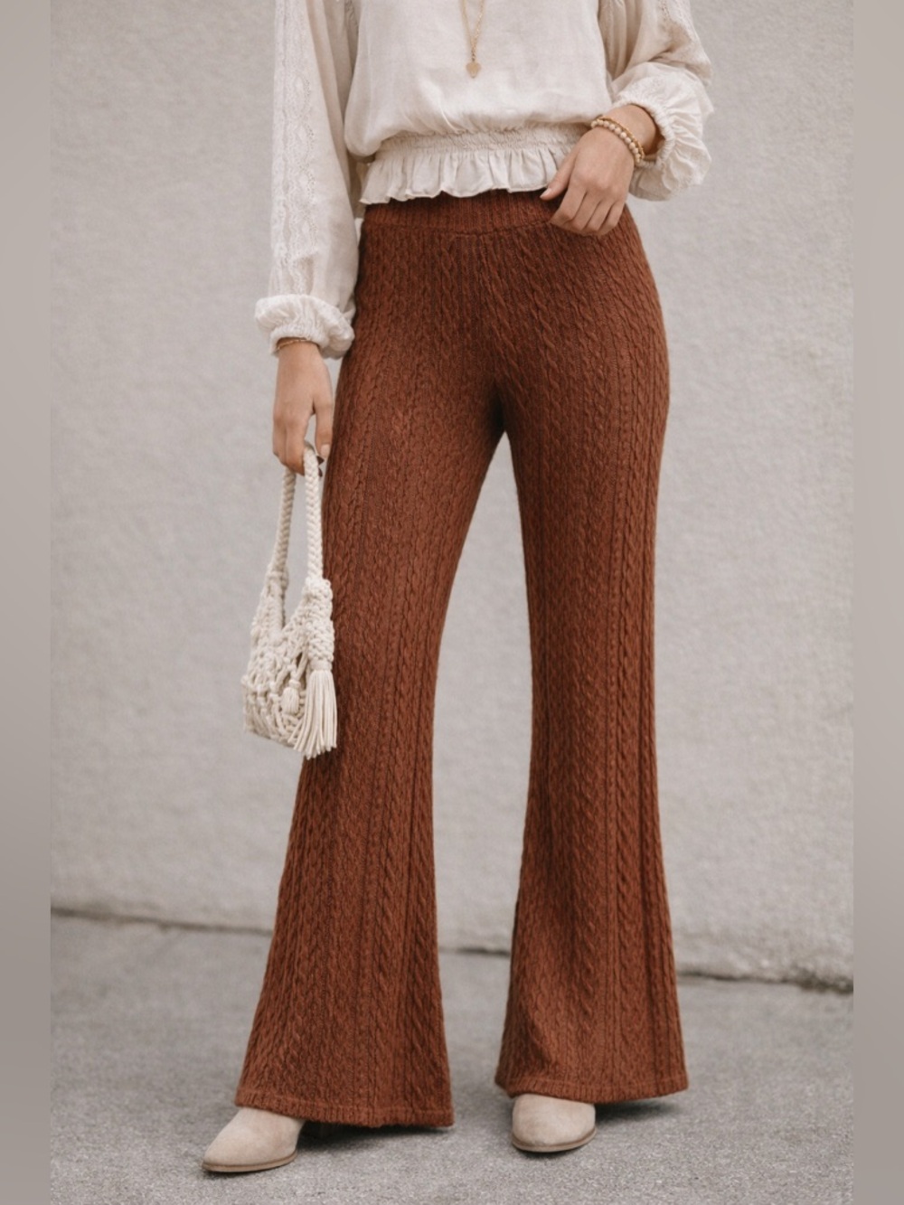 Altar’d State Knit Flare Pants Brown Textured Boho Wide Leg Size M